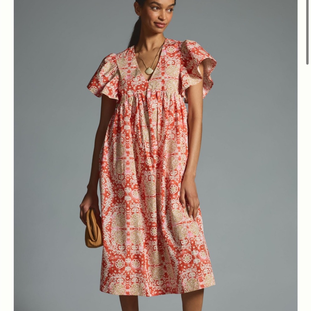 Anthropologie Coral and Cream Medallion Midi Dress
